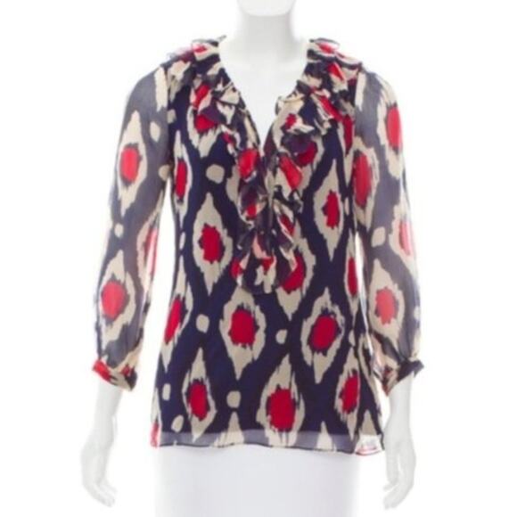 DVF Diane Von Furstenberg Candela Bis Silk Ikat Print Ruffle Blouse sz 0 - Picture 1 of 11